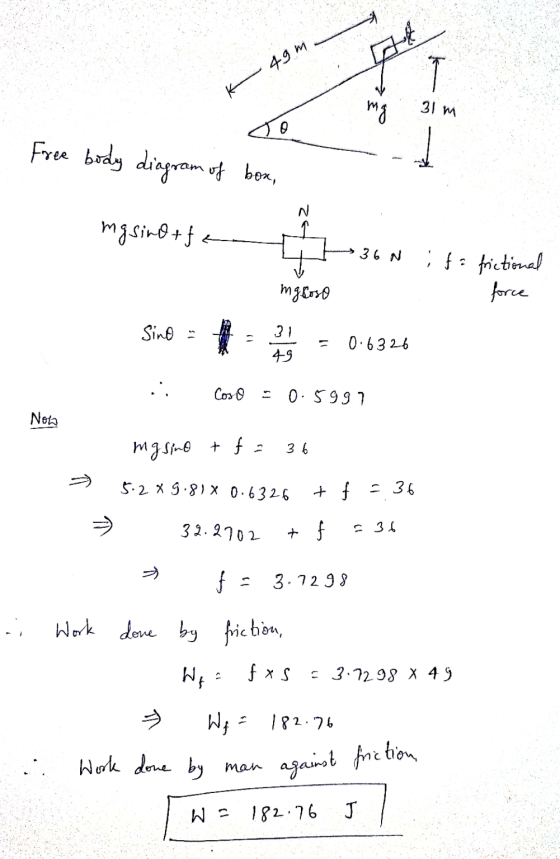 7 K 49m mg 31 m do Free body diagram of bon, mgsino+f 36 N i fa frictional force mgroso Sino 31 49 0.6326 .. Coso . 0.5997 Ne