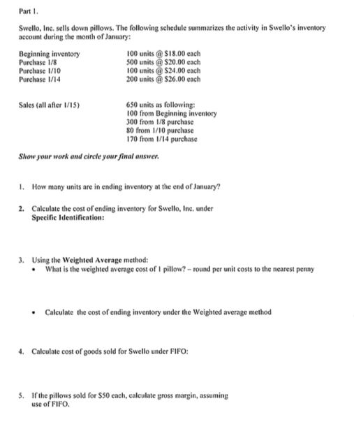 Part I. Swello, Ine, sells down pillows. The following schedule summarizes the activity in Swellos inventory account during