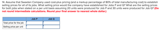 14. Assume that Sweeten Company used cost-plus pricing (and a markup percentage of 80% of total manufacturing cost) to establ