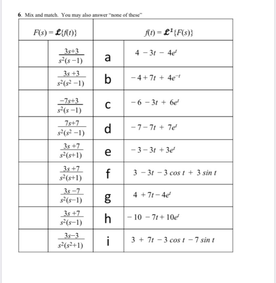6. Mix and match. You may also answer none of these F(s) = L{ft) f(t)= {F($)} 4 – 36 – 4e 35+3 s-(S-1) та 3s +3 $2(52 -1) -