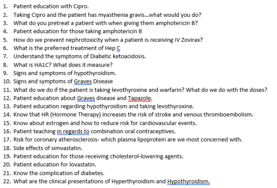 1. Patient education with Cipro 2. Taking Cipro and the patient has myasthenia gravis...what would you do? 3. What do you pre