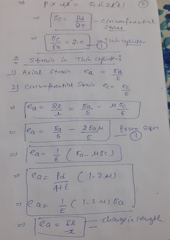 . px de = Sex Caxt ② strain in this cylinders V Axial strain ea = ra 21 circumferential Strain ea re la 20ade from ezin - lea