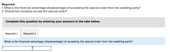 Required: 1. What is the financial advantage (disadvantage) of accepting the special order from the wedding party? 2. Should