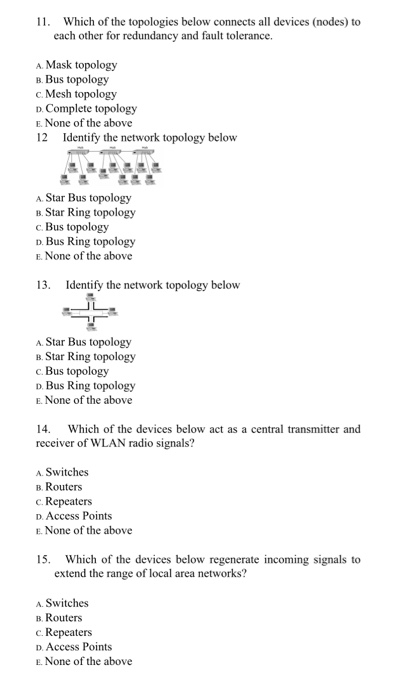 11. Which of the topologies below connects all devices (nodes) to each other for redundancy and fault tolerance. A. Mask topo