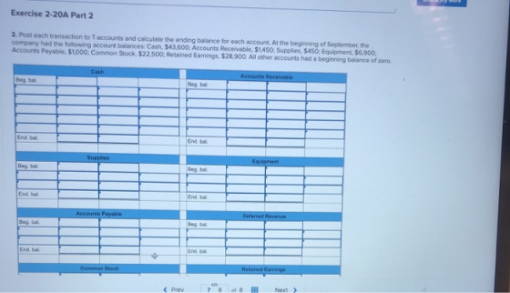 Exercise 2-20A Part 2 2. Post each transaction to T-accounts and calculate the ending balance for each account. At the beginn