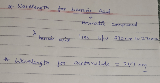 & Wavelength for benzoic acid Aromatic compound benwic acid lies b/w 230nm to 270nm-e - Wavelength for acetanilide = 247 nm