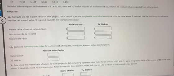 10 7.360 6.145 5.650 5.019 4.192 The radio station requires an investment of $1,056,350, while the TV station requires an inv