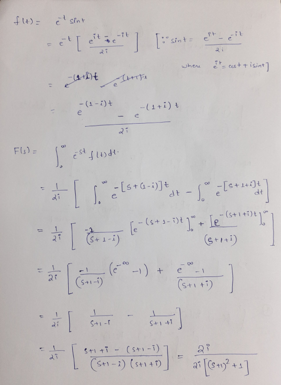 f(t) = et sint -it te eit - E[ *] [ sint = et héit 12 ai where et - cest & isint (9tfit The - (1 - i)t e -(1+i)t е Fls)= est