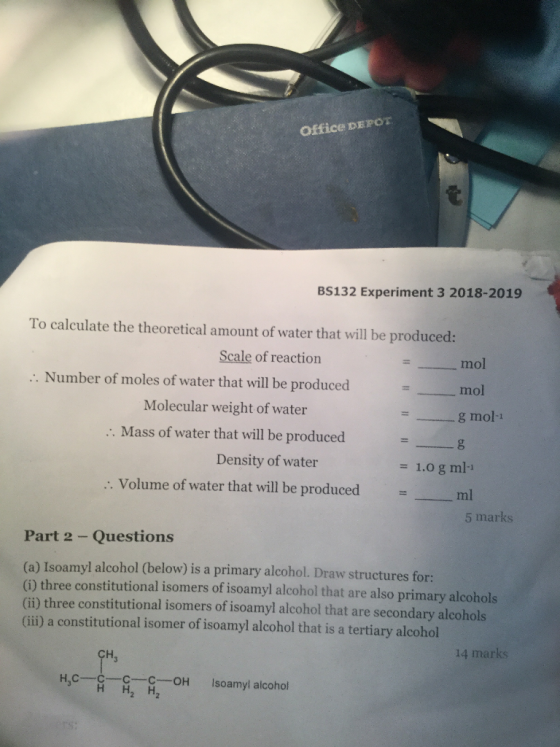 Office DEPOT BS132 Experiment 3 2018-2019 To calculate the theoretical amount of water that will be produced: Scale of reacti