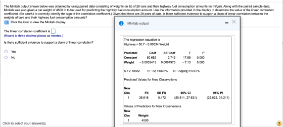 The Minitab output shown below was obtained by using paired data consisting of weights (in lb) of 28 cars and their highway f