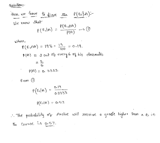 tind L u P(터.| A le know Mal p (E.la) P(A) 100 2 PCA)二0, 3333 NGİA) 0.3333 r(Ε.in) : O.57 The probability σ r Archie will Jece ve a grade higher Iran a bin