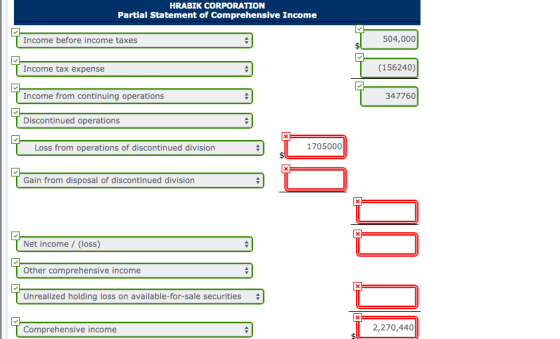 HRABIK CORPORATION Partial Statement of Comprehensive Income Income before income taxes 504,000 Income tax expense (156240)|
