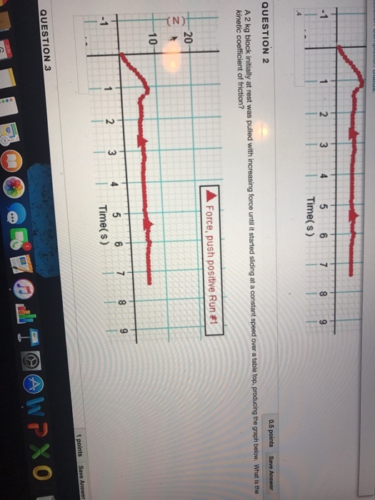 1 2 3 4 5 6 7 8 9 Time(s) 0.5 points Save Answer QUESTION 2 was pulled with increasing force untilitstarted sliding at a constant speed over a table top, producing the graph below what is the a kinetic coefficient of friction? A Force, push positive Run F1 20 10 Time(s) 1 points Save Answer QUESTION 3