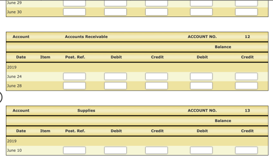 June 29 June 30 Account Accounts Receivable ACCOUNT NO. 12 Balance Date Item Post. Ref. Debit Credit Debit Credit 2019 June 2