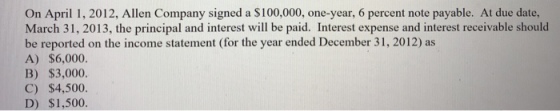 On April 1, 2012, Allen Company signed a $100,000, one-year, 6 percent note payable. At due date, March 31, 2013, the principal and interest will be paid. Interest expense and interest receivable should be reported on the income statement (for the year ended December 31, 2012) as A) $6,000. B) $3,000. C) $4,500 D) $1,500