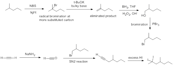 t-BuOK bulky base NBS BH3, THF ight H202, OH eliminated product radical bromination at more substituted carbon bromination PB