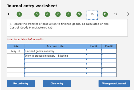 Journal entry worksheet < O ... @ O O O O 1 | W 12 > j. Record the transfer of production to finished goods, as calculated on
