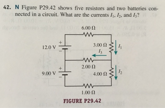 42. N Figure P29.42 shows five resistors and two batteries con- nected in a circuit. What are the currents 1, /2, and 13? 6.00 Ω 3.0011 12.0 V 2.00 Ω L2 4.00 Ω 1.00 Ω FIGURE P29.42