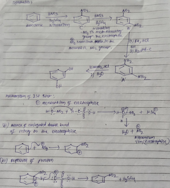 Synthesis: Noz HNO3 ca et . Benzene NOZ HNO3 the son Nätration Narratzon NO s metadźrecting group. The electroph the No subst