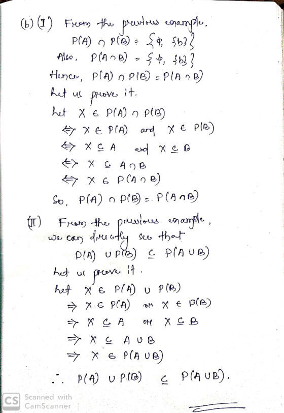 (6) (1) From the previous example, P(A) n8 (B) = {0, {6}} Also, P(ADB) = { ¢, $b33 Hence, PIA) PIB) - PIA OB) het us prove it