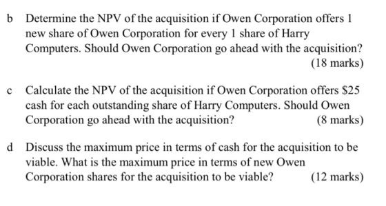 b Determine the NPV of the acquisition if Owen Corporation offers 1 new share of Owen Corporation for every 1 share of Harry