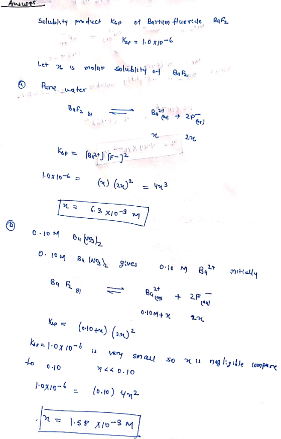 Awwer Solublity product kop of Bartum fluoride Bafa Kp = 1.0x10-6 Let 76 is molar solublity of Babes ¢ Pane nater BeF2 o 8.27