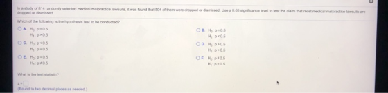 In a study of 814 randomly selected medical practice lawsuits, was found that 504 of them were dropped or domised Use a 0.05