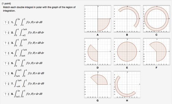 (1 point) Match each double integral in polar with the graph of the region of integration. 3x/4 -X/2 3x/4 2: 1.6 [s(,0) r d