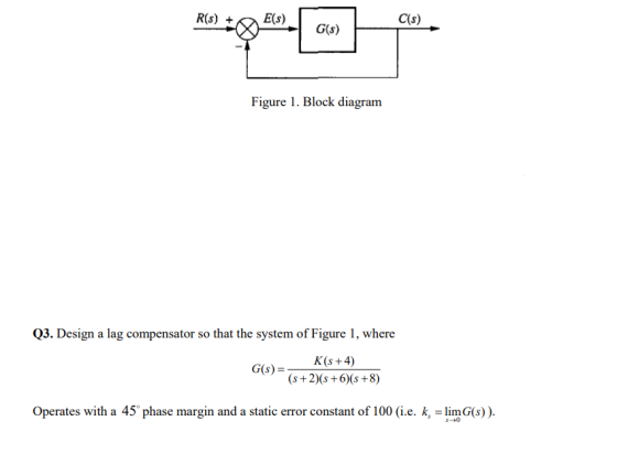 R(S) + G(s) Figure 1. Block diagram Q3. Design a lag compensator so that the system of Figure 1, where K(s+4) G(s)= (s+2)(s +