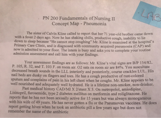 PN 200 Fundamentals of Nursing II Concept Map - Pneumonia The sister of Calvin Kline called to report that her 71 year-old br