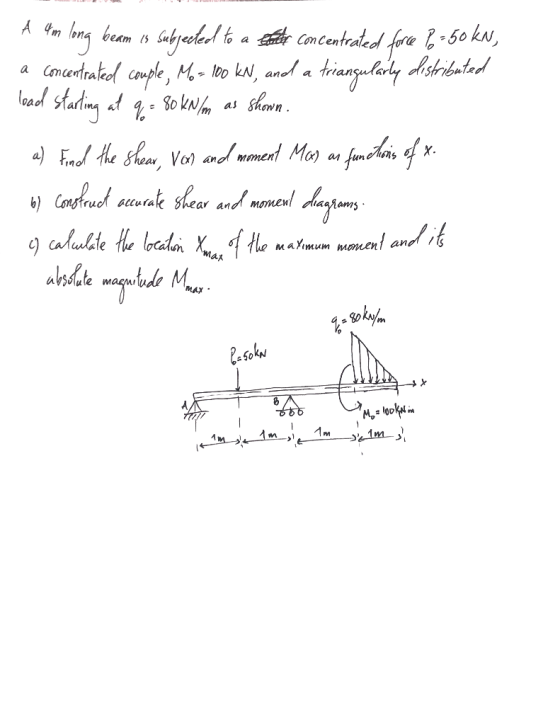 X w long beam 1 subjected to a site concentrated force 1.450 kn, a concentrated couple, Mo- 100 kN, and a triangularly distri