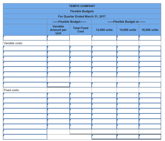 TEMPO COMPANY Flexible Budgets For Quarter Ended March 31, 2017 Flexible Budget.. Flexible Budget at …… Variable Total Fixed Cost 12,000 units Amount per Unit 14,000 units 16,000 units Variable costs Fixed costs
