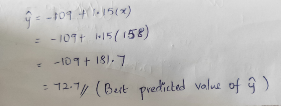 ů = -109 + 1.156x) = -109+ 115 (158) -109+ 181.7 = 12.71) (Best predicted value of ŷ ,