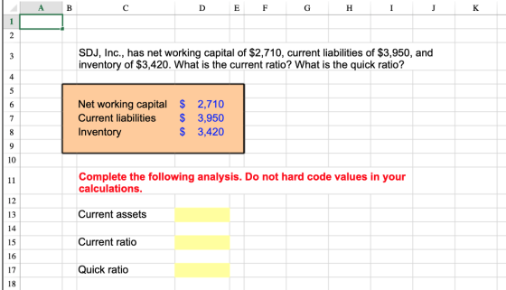 E F SDJ, Inc., has net working capital of $2,710, current liabilities of $3,950, and inventory of $3,420. What is the current ratio? What is the quick ratio? 4 Net working capital $ 2,710 Current liabilities 3,950 Inventory $ 3,420 10 Complete the following analysis. Do not hard code values in your 12 13 14 15 calculations. Current assets Current ratio 17 Quick ratio 18