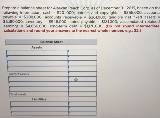Prepare a balance sheet for Alaskan Peach Corp. as of December 31, 2019, based on the following information: cash = $201,000;