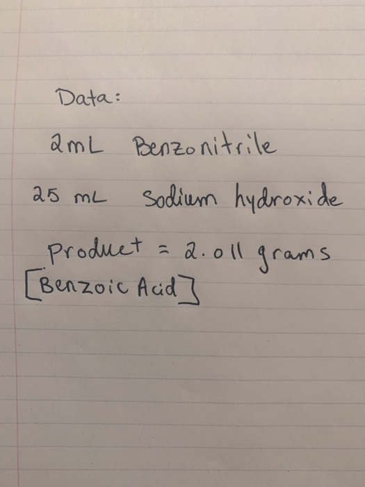 Data: amL Benzonitrile Sodium hydroxide a5 mL Product Benzoic Aud a.oll 1 Jrams