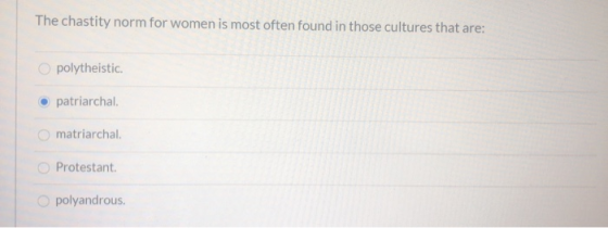The chastity norm for women is most often found in those cultures that are: polytheistic patriarchal matriarchal. Protestant