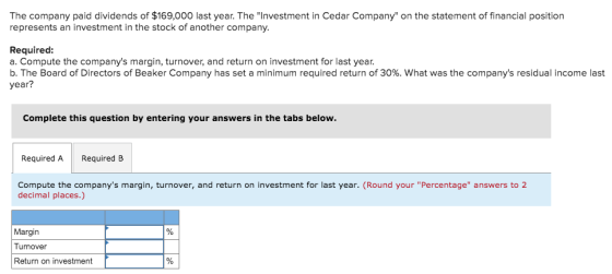 The company paid dividends of $169,000 last year. The Investment in Cedar Company on the statement of financial position re