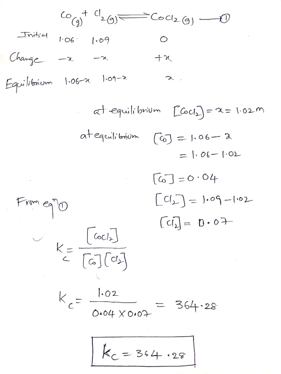 0 co Gt co Initial 1.06 1.09 Change - Cock (g) 0 th 3 . Equilibrium 1.06-2 1.09-2 at equilibrium [Cocks] = x= 1.62m atequilib