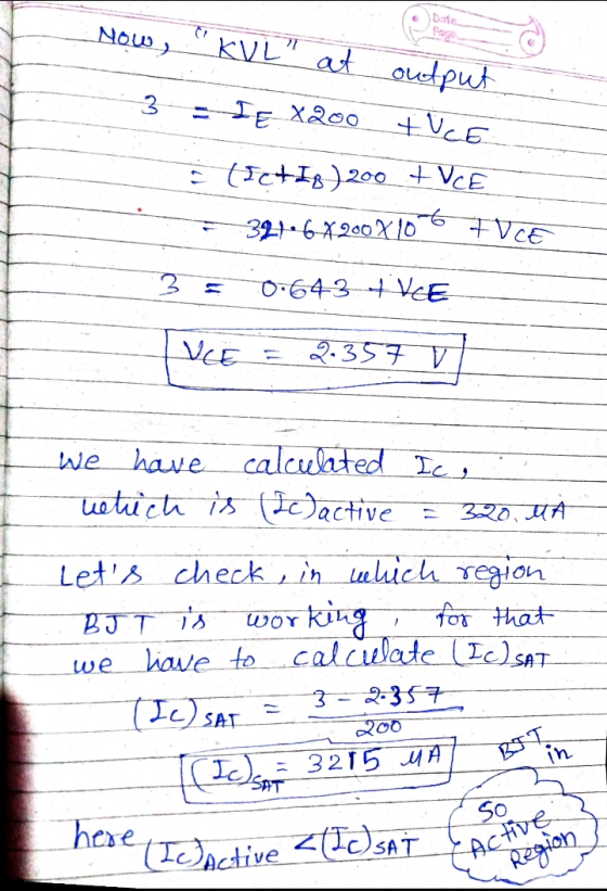 Now, Dote Page KUL at at output +ICE 3 Ie X200 (Ict IB) 200 + VCE 397-6x200x106 FDCE 35 0.643 + VEE VCE 2.357 v calculated I