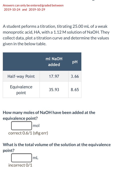 Answers can only be entered/graded between 2019-10-24 and 2019-10-29 A student peforms a titration, titrating 25.00 mL of a w