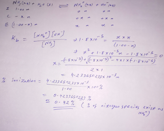 - Niy (ra) + 04 (aq) NH₂ (aq) + Hoce I 1.oom c - am E (1.00-x) an x in K = x x [H] [04] [NH3 ] » 1-8810 (1.00-2) x² +1.8x10x