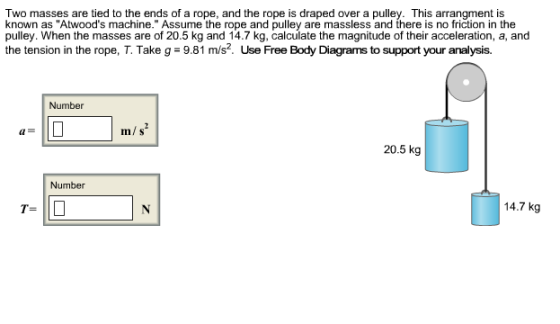 Two masses are tied to the ends of a rope, and the