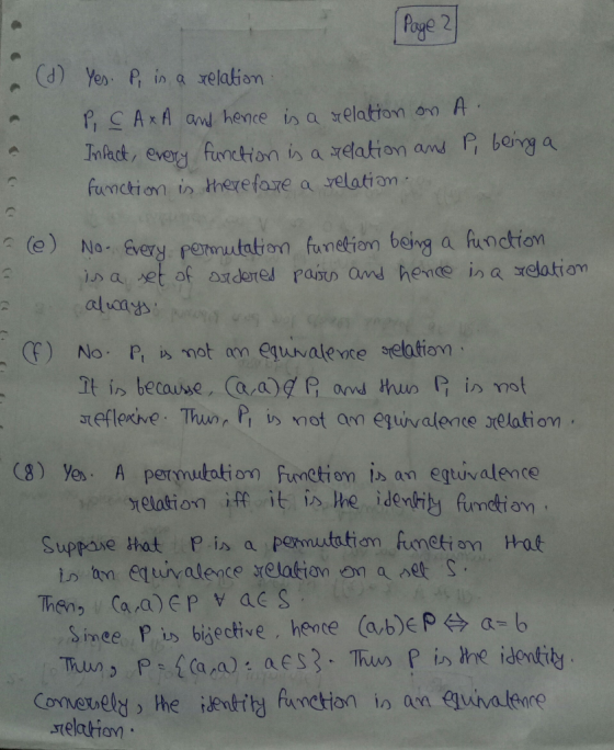 ( Page 2 (d) Yes P is a relation PC AXA and hence is a relation on A. Infact, every function is a relation and P, being a fun