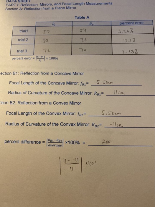 DATA SHEE PARTI: Reflection, Mirrors, and Focal Length Measurements Section A: Reflection from a Plane Mirror Table A 0. 54 p