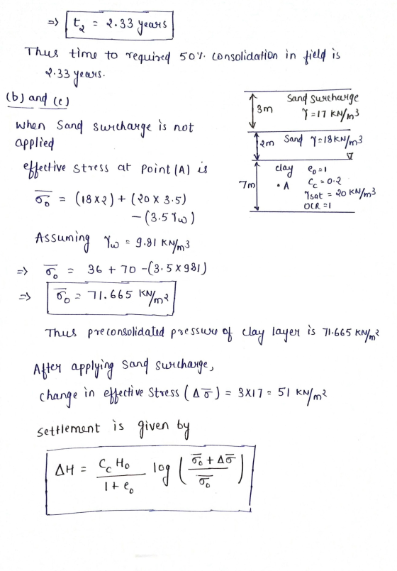ta - 2.33 3 years Thus time to required 504. consolidation in field is 4.33 years (b) and (e) 3m is not Sand surcharge 7=11 k