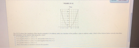 FIGURE 23-12 Fig 23-12 shows the variations otno electric potential V <in arbitrary units) as a hanction othe posaico ta so︵ arbitrary ures) which ofne choices below correcty descreet the oriertaion of the electric teld along the x axis? E is positive toon x 2 to x Eispositro from x 1.2 to x 0, and negatve %om 0 to 2 2