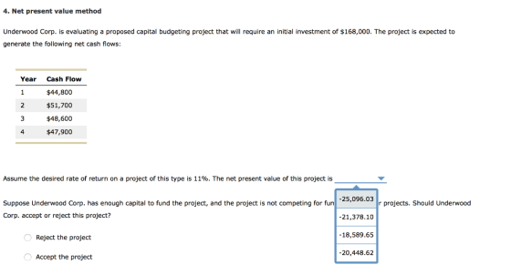 4. Net present value method Underwood Corp. is evaluating a proposed capital budgeting project that will require an initial i