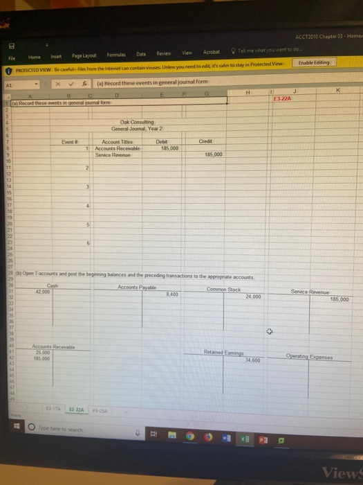 B ACCT2010 Chapter 03 - Home Fle Home Insert Page Layout Forum Dets Acrobat Tell me what you want to do PROTECTED VIEW Be car