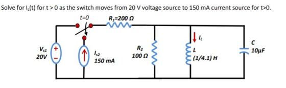 Solve for I.(t) fort >0 as the switch moves from 20 V voltage source to 150 mA current source for t>0. t=0 R=2000 IL R2 Vs1 2